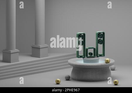 Wunderschöne abstrakte Illustrationen Musiksystem mit großem Lautsprechersymbol auf einem Brunnen- und Säulenhintergrund. 3D-Rendering-Abbildung. Stockfoto