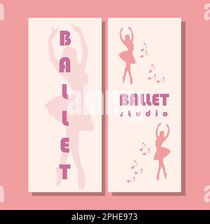 Entwurf von Theaterkarten. Ballettschüler-Flyer-Vorlage. Ballerina-Silhouette im Tutu- und pointe-Schuh mit Schmetterling. Braune und lilafarbene Karte. Vektordarstellung Stock Vektor