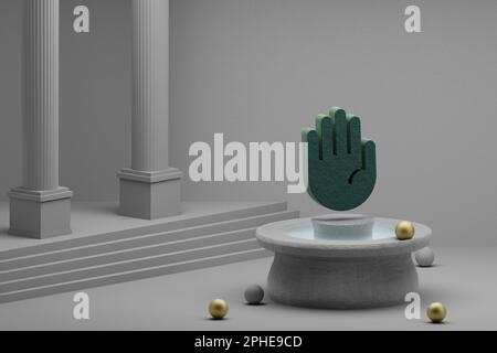 Wunderschöne abstrakte Illustrationen Grüne Hand Symbol Symbol auf einem Brunnen- und Säulenhintergrund. 3D-Rendering-Abbildung. Stockfoto