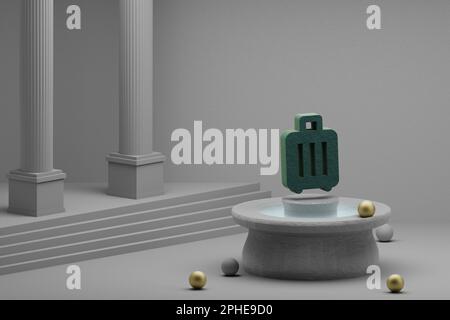 Wunderschöne abstrakte Illustrationen Grünes Gepäcksymbol auf einem Brunnen- und Säulenhintergrund. 3D-Rendering-Abbildung. Stockfoto
