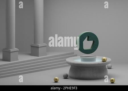 Wunderschöne abstrakte Illustrationen Grün Symbol für Empfehlung auf einem Brunnen- und Säulenhintergrund. 3D-Rendering-Abbildung. Stockfoto