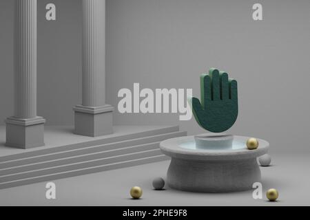 Wunderschöne abstrakte Illustrationen Grüne Symbolsymbole auf der linken Seite auf einem Brunnen- und Säulenhintergrund. 3D-Rendering-Abbildung. Stockfoto