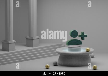 Wunderschöne abstrakte Illustrationen Grüne Person Füge 1 Symbol auf einem Brunnen- und Säulenhintergrund hinzu. 3D-Rendering-Abbildung. Stockfoto