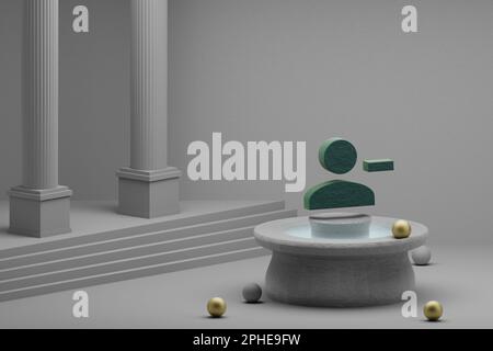 Wunderschöne abstrakte Illustrationen Grüne Person Symbol entfernen Symbol auf einem Brunnen- und Säulenhintergrund. 3D-Rendering-Abbildung. Stockfoto