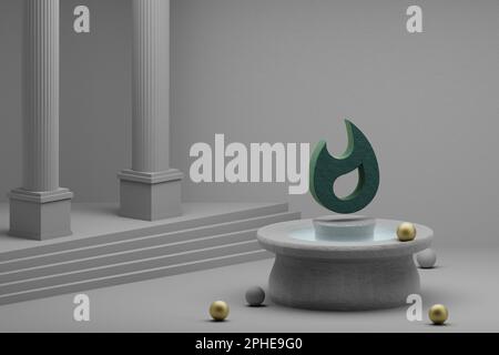 Wunderschöne abstrakte Illustrationen Symbol für grüne Flamme auf einem Brunnen- und Säulenhintergrund. 3D-Rendering-Abbildung. Stockfoto
