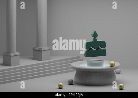 Wunderschöne abstrakte Illustrationen Grünes Kuchensymbol auf einem Brunnen- und Säulenhintergrund. 3D-Rendering-Abbildung. Stockfoto