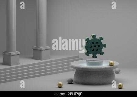 Wunderschöne abstrakte Illustrationen Grüne Symbole des Coronavirus auf einem Brunnen- und Säulenhintergrund. 3D-Rendering-Abbildung. Stockfoto