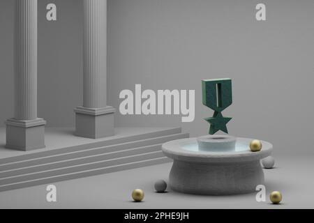 Wunderschöne abstrakte Illustrationen Grüne Medaillenmarke Symbol auf Brunnen- und Säulenhintergrund. 3D-Rendering-Abbildung. Stockfoto