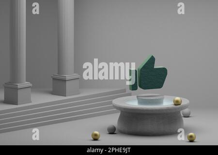 Schöne abstrakte Illustrationen Grüner Daumen nach oben Alt-Symbol auf einem Brunnen- und Säulenhintergrund. 3D-Rendering-Abbildung. Stockfoto