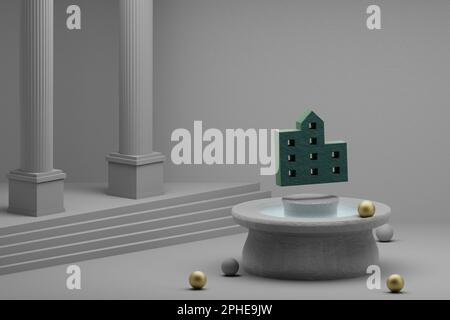 Wunderschöne abstrakte Illustrationen Grüne Ortssymbol auf einem Brunnen- und Säulenhintergrund. 3D-Rendering-Abbildung. Stockfoto