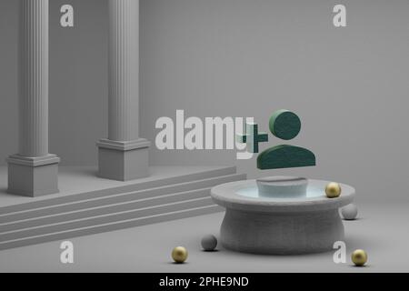 Wunderschöne abstrakte Illustrationen Grüne Person Fügen Sie ein Symbol auf einem Brunnen- und Säulenhintergrund hinzu. 3D-Rendering-Abbildung. Stockfoto