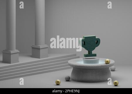 Wunderschöne abstrakte Illustrationen Green CUP Symbol Symbol auf einem Brunnen- und Säulenhintergrund. 3D-Rendering-Abbildung. Stockfoto