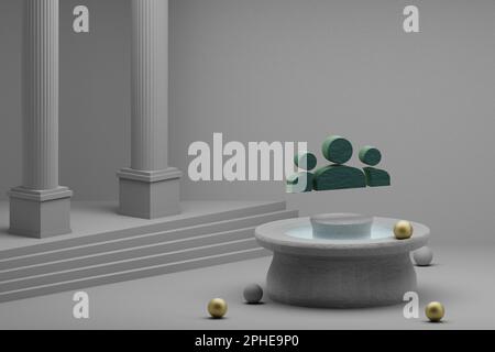 Wunderschöne abstrakte Illustrationen Symbol für grüne Gruppen auf einem Brunnen- und Säulenhintergrund. 3D-Rendering-Abbildung. Stockfoto