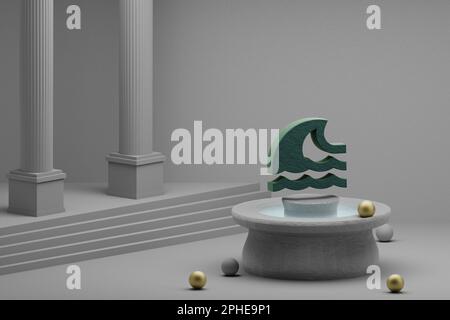 Wunderschöne abstrakte Illustrationen Grüne Tsunami-Symbole auf einem Brunnen- und Säulenhintergrund. 3D-Rendering-Abbildung. Stockfoto