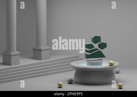 Wunderschöne abstrakte Illustrationen Grüner Erdrutschsymbol auf einem Brunnen- und Säulenhintergrund. 3D-Rendering-Abbildung. Stockfoto