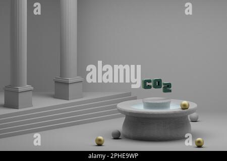 Wunderschöne abstrakte Illustrationen Grüne CO2-Symbolsymbole auf einem Brunnen- und Säulenhintergrund. 3D-Rendering-Abbildung. Stockfoto
