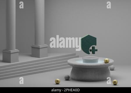 Schöne abstrakte Illustrationen Grün Fügen Sie ein Moderatorsymbol auf einem Brunnen- und Säulenhintergrund hinzu. 3D-Rendering-Abbildung. Stockfoto