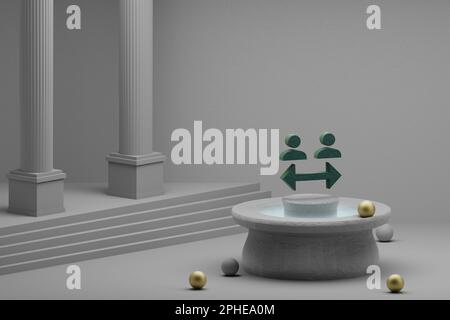 Wunderschöne abstrakte Illustrationen Symbol für „Grüne soziale Distanz“ auf einem Brunnen- und Säulenhintergrund. 3D-Rendering-Abbildung. Stockfoto