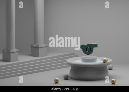 Wunderschöne abstrakte Illustrationen Grünes Pfeifensymbol auf einem Brunnen- und Säulenhintergrund. 3D-Rendering-Abbildung. Stockfoto