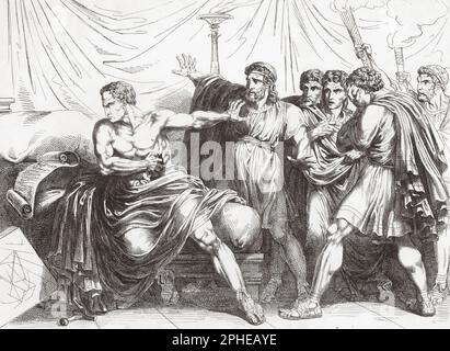 Der Tod von Cato dem Jüngeren. Marcus Porcius Cato, 95 v. Chr. - 46 v. Chr. Römisch-republikanischer Senator, der nach Rückschlägen im Bürgerkrieg Cäsars Selbstmord beging. Nach einem Werk aus dem 19. Jahrhundert von Bartolomeo Pinelli. Stockfoto