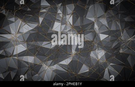 3D Rendern des polygonalen geometrischen Hintergrunds in Kohlefaser und Gold Stockfoto