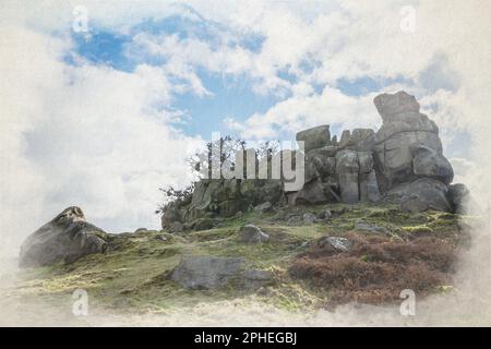 Digitale Aquarellmalerei der Felsformation Robin Hood's Stride Limestone Way in den Derbyshire Dales, Peak District National Park, Großbritannien. Stockfoto