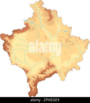 Sehr detaillierte physische Karte des Kosovo. Stock Vektor