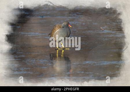 Ein digitales Aquarellgemälde eines erwachsenen Moorhen, Gallinula chloropus auf einem gefrorenen See mit Winterreflexionen. Stockfoto