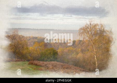 Ein digitales Aquarellgemälde mit Sonnenaufgang und goldenen Herbstfarben an den Downs Banks, Barlaston, Staffordshire, Großbritannien. Stockfoto