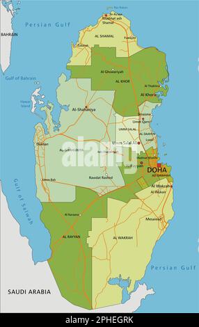 Sehr detaillierte, bearbeitbare politische Karte mit getrennten Schichten. Katar. Stock Vektor