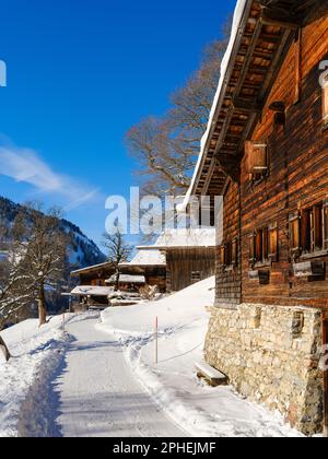 Dorf Gerstruben eine denkmalgeschützte Sammlung alter Bauernhäuser aus den 15 Jahren. Und 16. Jahrhundert. Die Allgaeu-Alpen in der Nähe von Oberstdorf d Stockfoto