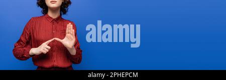 Zugeschnittene Ansicht des Lehrers, in der das Alphabet auf der Zeichensprache isoliert auf blau, Banner, Stockbild dargestellt wird Stockfoto