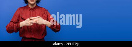 Zugeschnittene Ansicht des Lehrers, die den Namen einer Geste auf der Zeichensprache isoliert auf blau, Banner, Stock-Bild zeigt Stockfoto