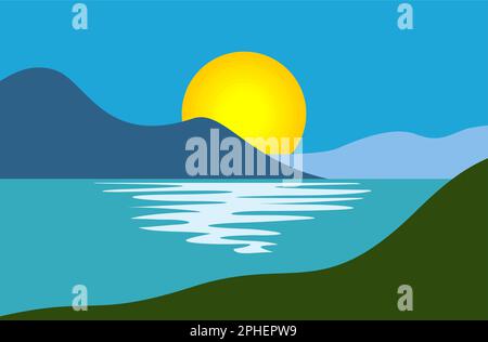 Felsen, Meer, Sonnenuntergang am blauen Himmel. Vektorhintergrund im Cartoon-Stil Stock Vektor