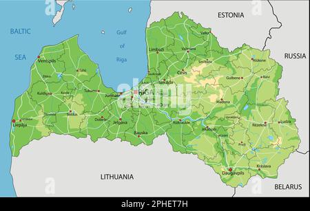 Sehr detaillierte physische Karte Lettlands mit Beschriftung. Stock Vektor