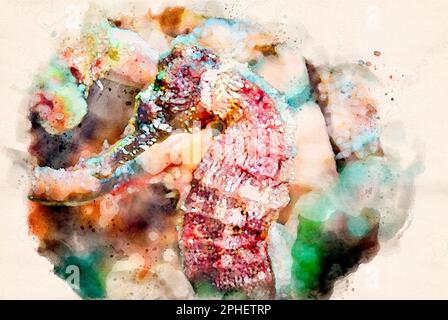 Digital erstelltes Aquarellgemälde eines kleinen Seepferdchens Hippocampus Hippocampus in seiner natürlichen Umgebung Stockfoto