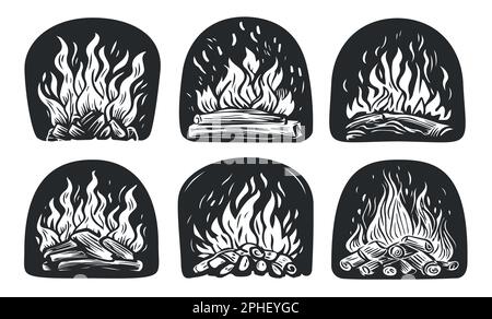 Brennholz brennt im Ofen. Feuer im Kamin. Symbol für Backwaren, gegrillte Speisen oder Badge-Set. Vektordarstellung Stock Vektor