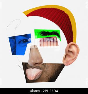 Damit das Leben Spaß macht. Menschliches Gesicht aus verschiedenen Menschen Gesicht Teile. Unterschiedliche Geschlechts- und Alterskombination. Collage für zeitgenössische Kunst. Konzeptionelle Zusammenfassung Stockfoto