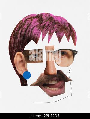 Außergewöhnlicher Look. Das Gesicht besteht aus verschiedenen Menschen, die Teile sehen und wie Puzzle zusammenwirken. Jugend und Reife. Collage für zeitgenössische Kunst. Konzeptionell Stockfoto