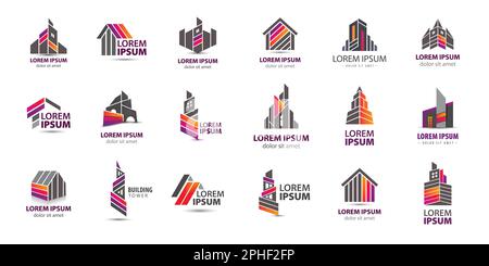 Vektorsatz mit Immobilienlogos, Gebäudekonstruktionen, Türmen, Stadtbildern, Hausbauschildern. Stock Vektor