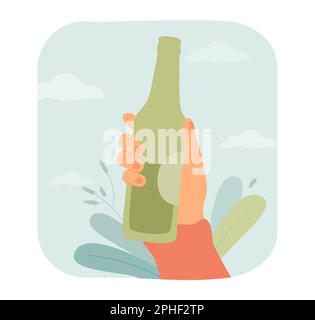 Grüne Glasflasche mit der Hand halten Stock Vektor