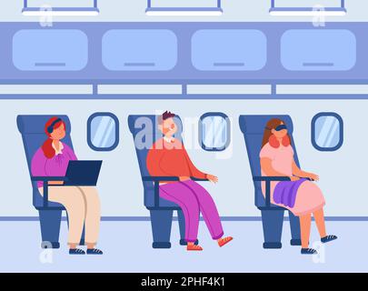 Flugzeuginnenraum mit Cartoon-Passagieren auf Sitzen Stock Vektor