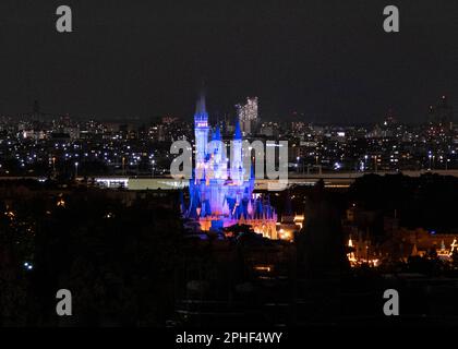 Ein Nachtfoto von Cinderella Castle im Tokyo Disneyland mit Tokyo City im Hintergrund. Stockfoto