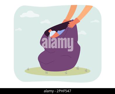 Hände eines Freiwilligen in Handschuhen, der eine offene Tasche mit Müll hält Stock Vektor