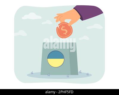 Die Hand wirft Dollarmünzen in eine Wohltätigkeitskiste mit der Flagge der Ukraine Stock Vektor