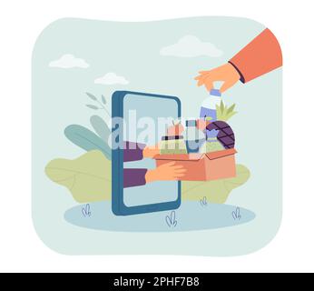 Hände eines Freiwilligen, der eine Schachtel mit Essen vom Telefonbildschirm gibt Stock Vektor