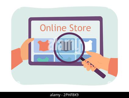 Die Hände halten das Tablet mit dem Online-Shop auf dem Bildschirm Stock Vektor