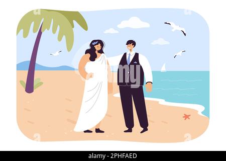 Fröhliche Braut und Bräutigam am Strand, flache Vektordarstellung Stock Vektor