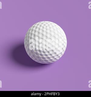 Weißer Golfball auf violettem Hintergrund. Nahaufnahme Makroansicht. 3D-Rendering. Stockfoto