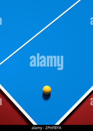 Gelber Tischtennis oder Tischtennisball auf blauem Tischtennistisch mit Linien. Abstraktes 3D-Rendering. Stockfoto